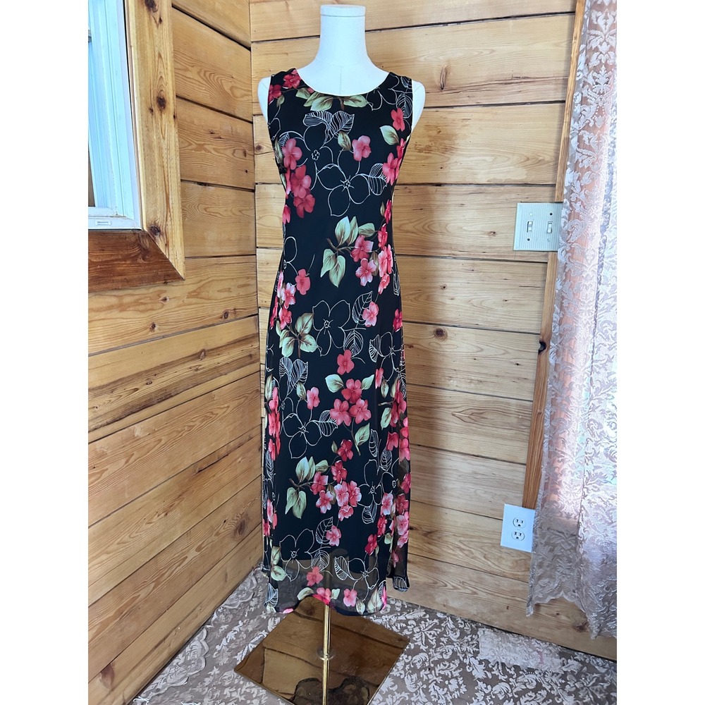 Vintage Slip Dress Womens 8 Petite Black Floral Mesh Whimsigoth‎ Maxi Miss Dorby